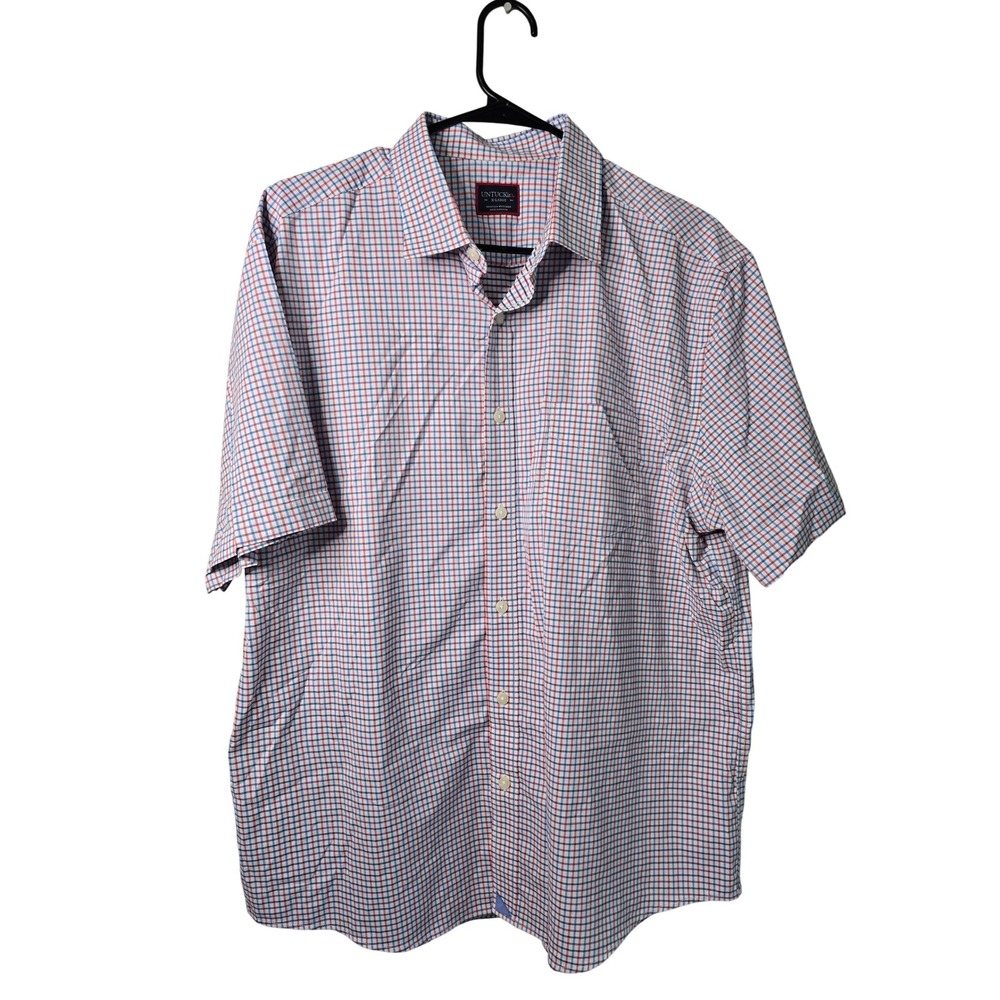 Untuckit Mens XL Performance Short Sleeve Button Down Shirt Red Blue Plaid EUC